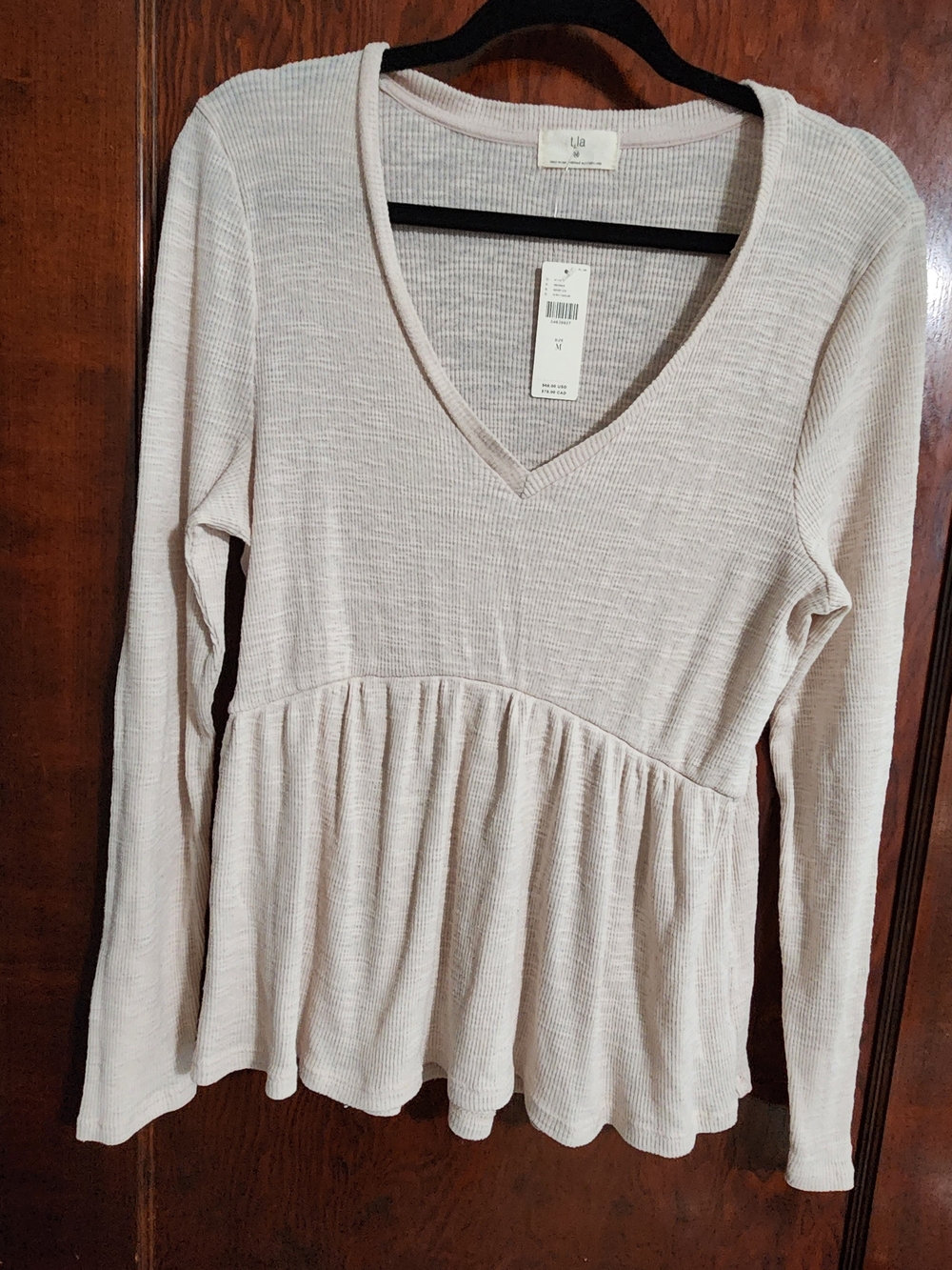 NWT Anthropologie T.La Jill V-Neck Long Sleeve Babydoll Peplum Top Beige M